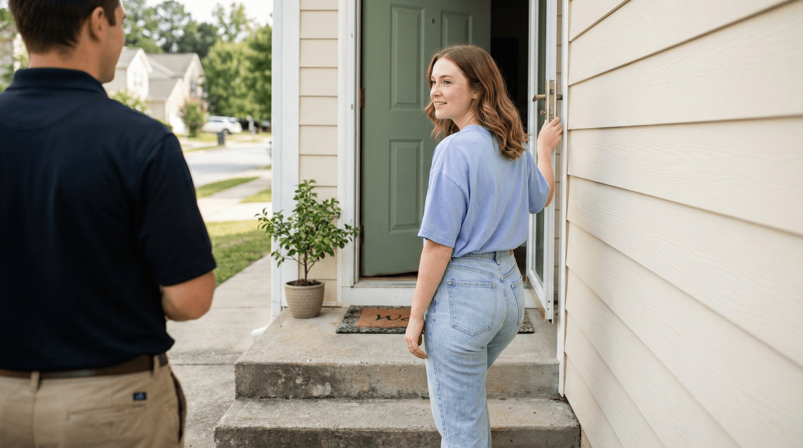 Woman in a pressured conversation outside at night