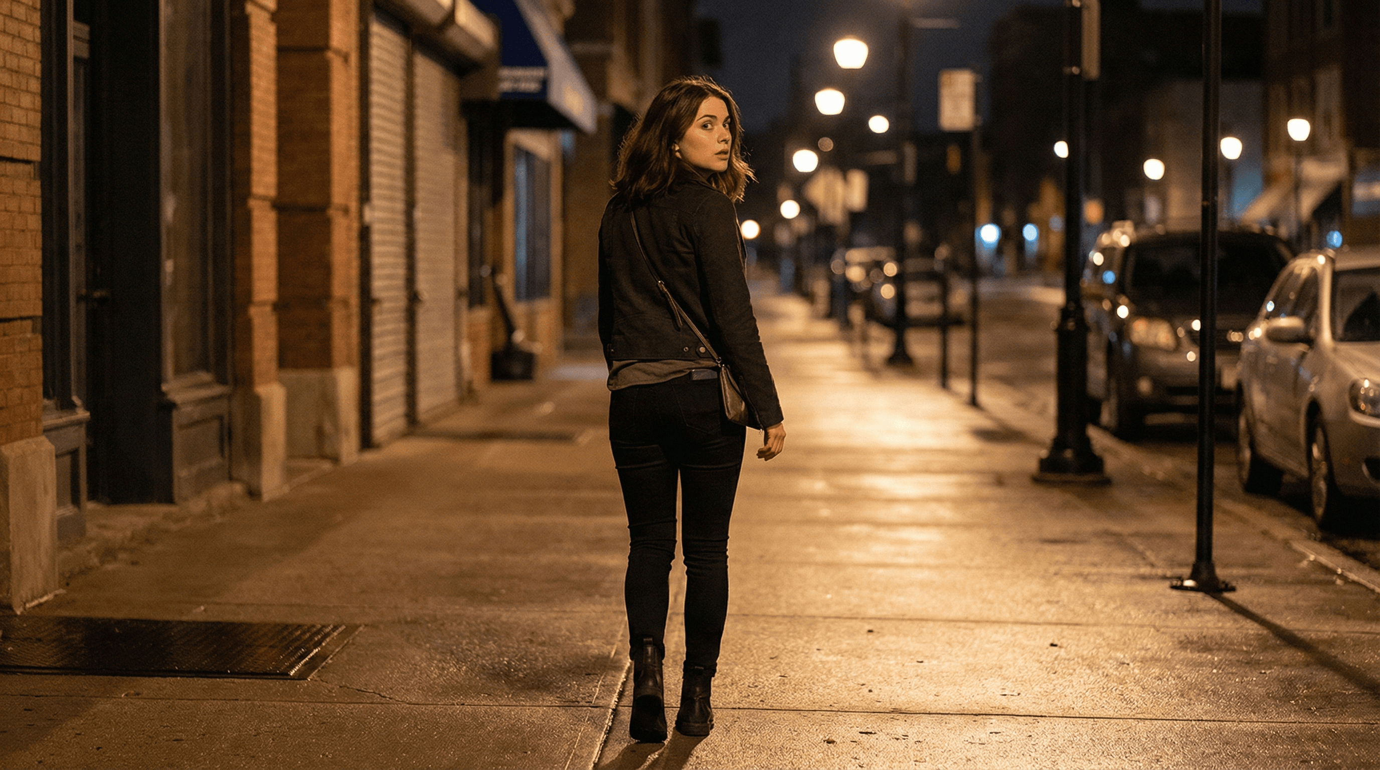 Woman alone in a late-night city area