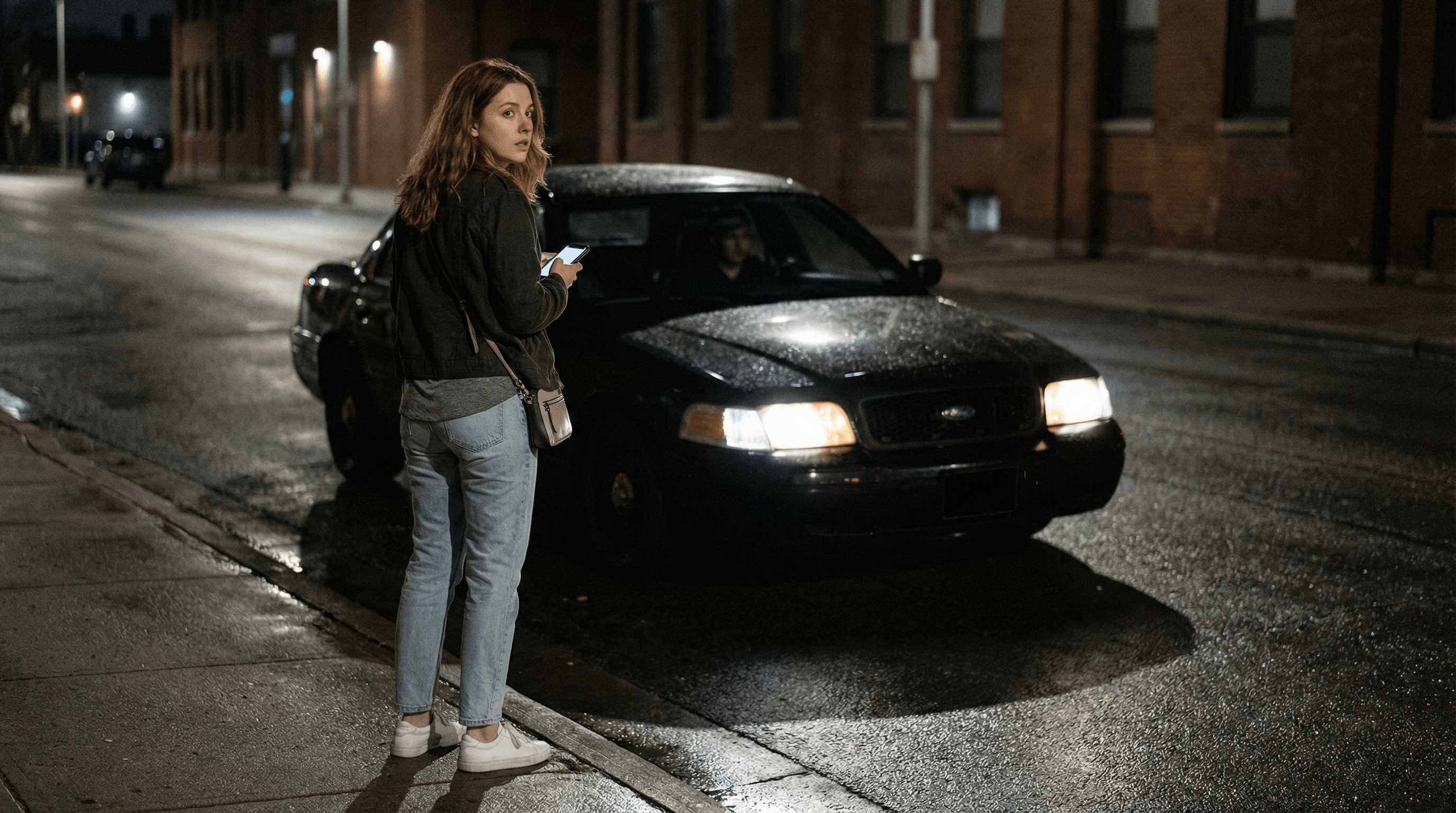 Woman verifying a ride pickup at night